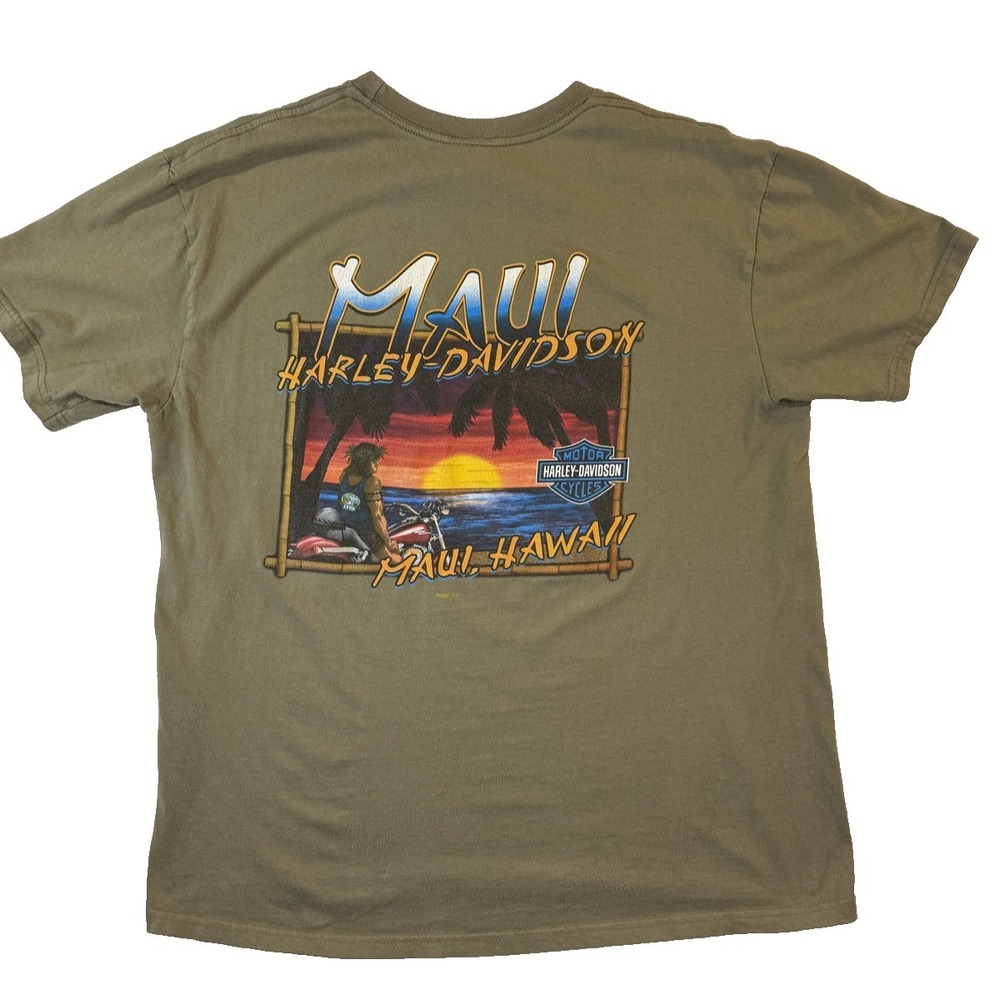 Vintage Harley-Davidson Shirt Mens XL Green‎ Eagle Flag MAUI Hawaii Biker Y2K